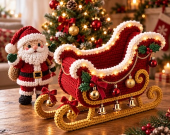 May include: A crocheted Santa Claus figurine standing next to a red and gold crocheted sleigh. The sleigh is decorated with white trim, small gold bells, red bows, and a string of warm white LED lights. The Santa wears a red suit with white trim.