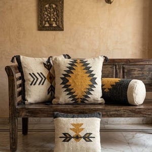 Kilim Throw Pillow, 16x24 Inch Upcycled Wool Cover With Mustard Geometric Motifs
