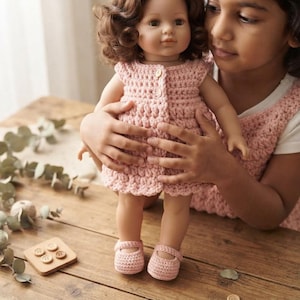May include: A doll with brown curly hair wearing a light pink crocheted dress with small buttons down the front and matching light pink crocheted Mary Jane shoes. The doll has a neutral facial expression and is crafted with a smooth skin finish.
