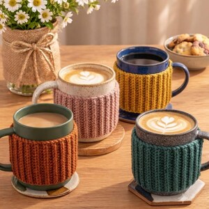Op de afbeelding: Vier keramische mokken gevuld met koffie, elk voorzien van een afneembare geribbelde gebreide hoes in oranje, roze, mosterdgeel en blauwgroen. De mokken staan op onderzetters, met een in jute gewikkelde vaas met witte madeliefjes en koekjes.