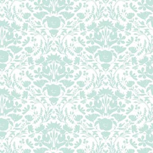 May include: A repeating damask pattern featuring light mint green floral and botanical silhouettes set against a crisp white background. The design includes stylised blossoms, leaves, and small butterflies arranged in a symmetrical layout.