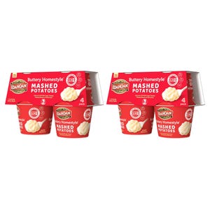 May include: Two packs of Idahoan Buttery Homestyle mashed potatoes, each containing four individual red cups. The packaging features white text on a red background, displaying the brand logo, product name, and an image of a spoonful of potatoes.