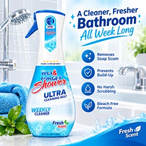 May include: A white and blue spray bottle of Wet & Forget Shower Ultra cleaning mist. The label features the text A Cleaner, Fresher Bathroom All Week Long, Removes Soap Scum, Prevents Build-Up, No Harsh Scrubbing, and Bleach Free Formula.
