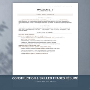 May include: A white resume template for construction and skilled trades professionals featuring the name Maya Bennett at the top. The document includes sections for professional profile, core strengths, and experience with placeholder text in brackets.