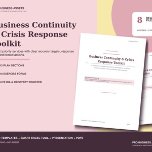 Op de afbeelding: Een Business Continuity & Crisis Response Toolkit documentenset met 8 kant-en-klare bestanden, 12 plansecties, 10 oefenformulieren en een live BIA & herstelregister. De witte documenten worden weergegeven tegen een roze en gele achtergrond.