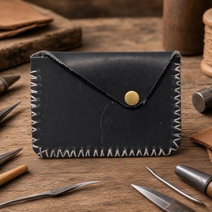 May include: A black leather card holder with an envelope-style flap closure secured by a single brass-coloured metal snap button. The edges are joined with thick, light-coloured stitching that creates a visible cross-stitch pattern along the perimeter.