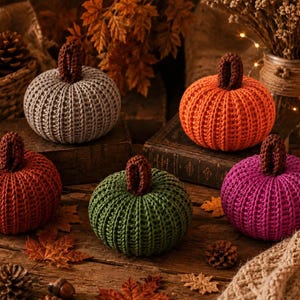 Può includere: Cinque zucche all'uncinetto di colore grigio, arancione, ruggine, verde e magenta, ciascuna con un gambo marrone scuro. Le zucche hanno una consistenza a coste e sono disposte su una superficie di legno insieme a foglie autunnali e pigne sparse.