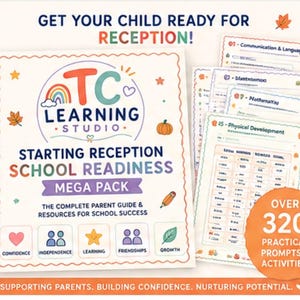 May include: A TC Learning Studio Starting Reception School Readiness Mega Pack educational resource set. The cover features text, a rainbow, a pumpkin, and icons for confidence, independence, learning, friendships, and growth. Includes over 320 prompts.
