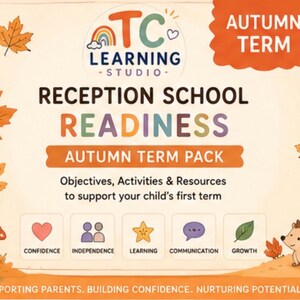 May include: A digital educational resource titled TC Learning Studio Reception School Readiness Autumn Term Pack. The design features autumn leaves, a mushroom, and a hedgehog, with icons for confidence, independence, learning, communication, and growth.