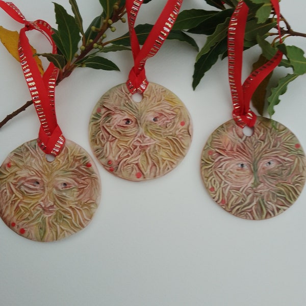 3 Greenmen Inspired hanging Decorations, Ceramic (Set of three as shown) Oak King, Holly King, Jack in the Green Yule decorations