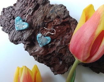 Light Ice Blue Snowflake Stamped Ceramic Heart drop Earrings on 925 silver stamped wires - handmade art