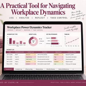 Peut inclure: Un écran d'ordinateur portable affichant un tableau de bord de suivi de la dynamique de pouvoir au travail avec des graphiques, un journal des incidents et des onglets. L'interface présente des accents roses et rouge foncé, avec le texte "A Practical Tool for Navigating Workplace Dynamics".