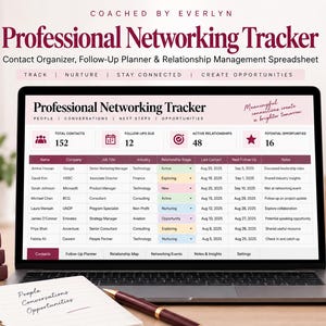 May include: A laptop screen displaying a Professional Networking Tracker spreadsheet with columns for contacts, companies, and follow-ups. The interface includes tabs for people, conversations, and opportunities, with a maroon and white color scheme.
