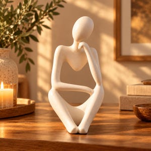 Può includere: Una scultura astratta color bianco sporco che raffigura una figura seduta in posa contemplativa. La figura ha una testa ovale appoggiata su una mano, con le braccia incrociate sulle ginocchia, un design cavo e una finitura opaca.