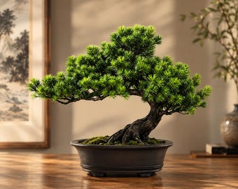 Peut inclure: Un bonsaï miniature avec un feuillage vert vif en forme d'aiguilles et un tronc noueux brun foncé texturé. L'arbre est planté dans un pot en céramique ovale noir mat peu profond avec de petits pieds, présentant une couche de mousse à la base.