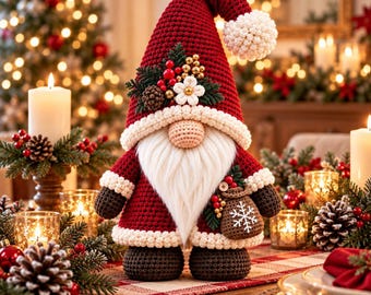 Gnome Crochet PDF, Christmas Amigurumi Pattern with Woodland Berry and Pinecone Details
