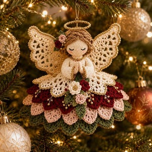 A crochet angel ornament hangs suspended among the lit branches and gold ornaments of a Christmas tree.