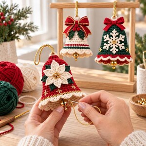 Ivory, crimson and evergreen crochet bell ornaments displayed with gold cords, scalloped edges and hanging jingle bells.