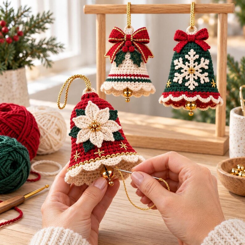 Ivory, crimson and evergreen crochet bell ornaments displayed with gold cords, scalloped edges and hanging jingle bells.
