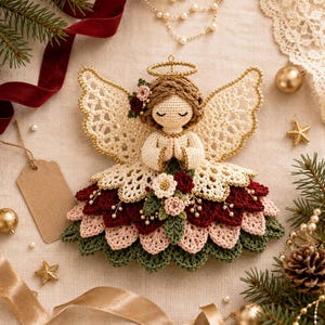 Overhead view of a handmade crochet angel ornament surrounded by pine branches, a gift tag, and golden ornaments on a linen background.