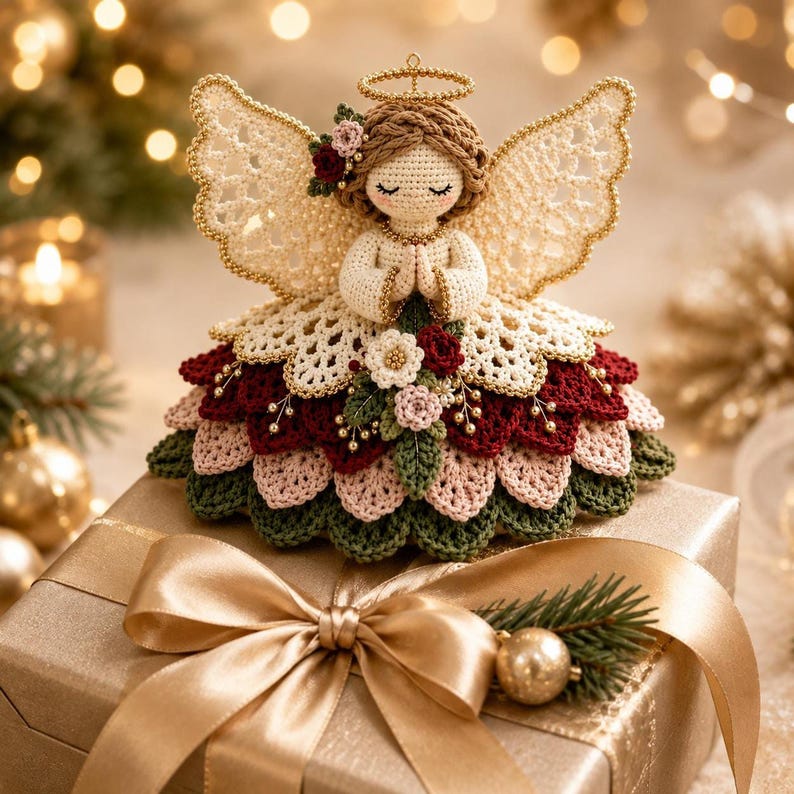 A crochet angel ornament rests atop a wrapped gift box with a gold ribbon against a blurry festive background.