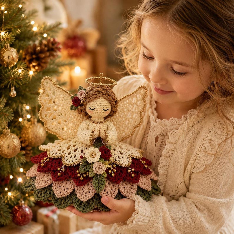 A young girl smilingly holds a handmade crochet angel ornament near a lit Christmas tree.