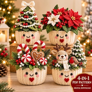 May include: Four crocheted holiday decorations in cream-colored pots with smiling faces and red hearts. The set includes a Christmas tree, poinsettias, candy canes with a gingerbread heart, and a reindeer with a robin. Text reads 4-IN-1 PDF PATTERN.