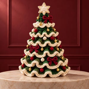 May include: A crocheted Christmas tree in dark green with ruffled cream-colored edges. The tree is decorated with small red crocheted spheres, dark red crocheted bows, and shiny gold ornaments, topped with a cream-colored crocheted star.