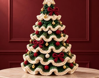 May include: A crocheted Christmas tree in dark green with ruffled cream-colored edges. The tree is decorated with small red crocheted spheres, dark red crocheted bows, and shiny gold ornaments, topped with a cream-colored crocheted star.
