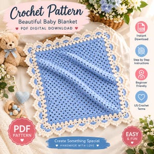 Baby Blanket Crochet Pattern PDF, Blue Textured Blanket with Cream Scalloped Border