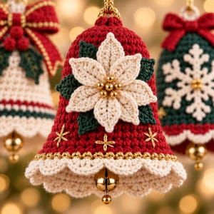 Yarn, crochet hook, gold cord and jingle bells arranged beside three finished crochet Christmas bell ornaments.