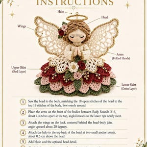 A crochet pattern instruction page with text titled Assembly Instructions pointing out parts of the angel ornament with numbered steps.