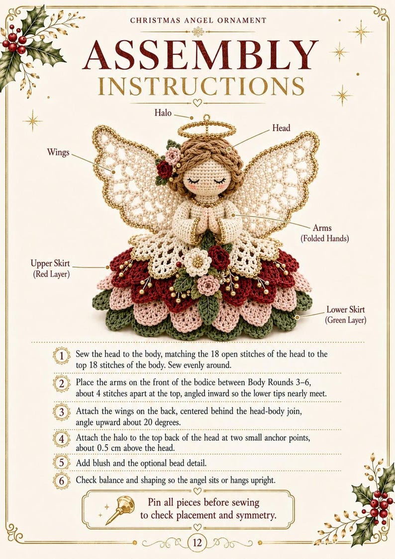 A crochet pattern instruction page with text titled Assembly Instructions pointing out parts of the angel ornament with numbered steps.