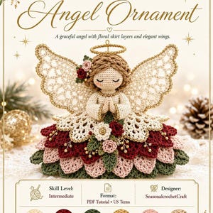 Digital pattern cover featuring a crocheted amigurumi angel ornament with layered floral skirt tiers, intricate lace wings, and a halo.