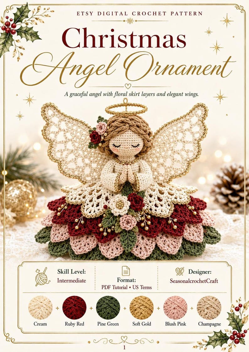 Digital pattern cover featuring a crocheted amigurumi angel ornament with layered floral skirt tiers, intricate lace wings, and a halo.