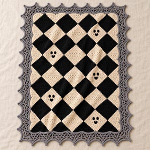 Ghost Throw Pattern, Checkerboard Crochet Blanket PDF with Spiderweb Border