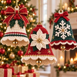 Complete 3-in-1 crochet Christmas bell pattern collection with ivory holly, red poinsettia and green snowflake designs.