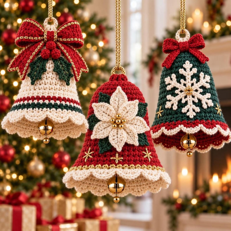 Complete 3-in-1 crochet Christmas bell pattern collection with ivory holly, red poinsettia and green snowflake designs.