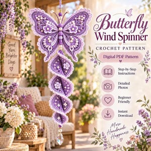 Wind Spinner Pattern, Pink Butterfly Crochet PDF with Floral Lace Spiral