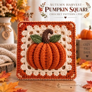 Pumpkin Granny Square Crochet Pattern PDF, 3D Textured with Autumn Leaves