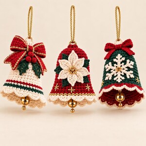 Hand holding a red poinsettia crochet Christmas bell with ivory holly and green snowflake ornaments in the background.