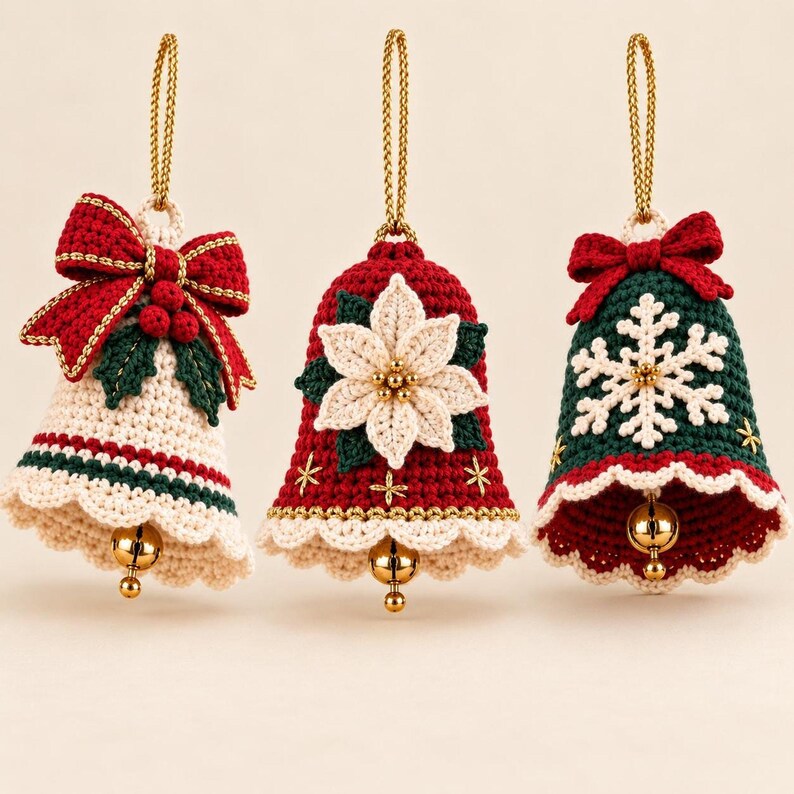 Hand holding a red poinsettia crochet Christmas bell with ivory holly and green snowflake ornaments in the background.