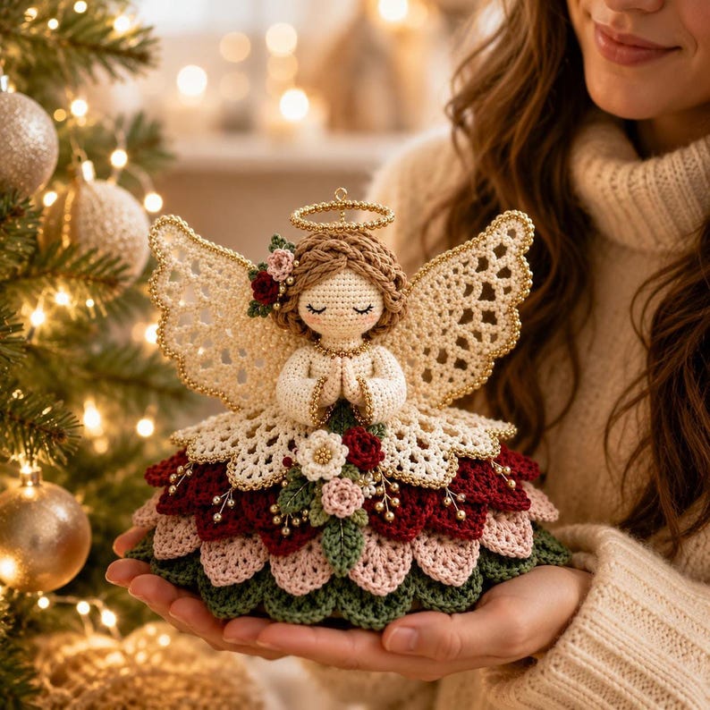 A person in a cream knit sweater holds a detailed crochet angel ornament in their hands near a Christmas tree.