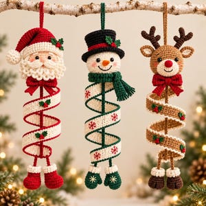 Häkelanleitung für eine Ornamentfigur, Weihnachtsmann, Schneemann und Rentier (Amigurumi, PDF), spiralförmige Hängedekoration