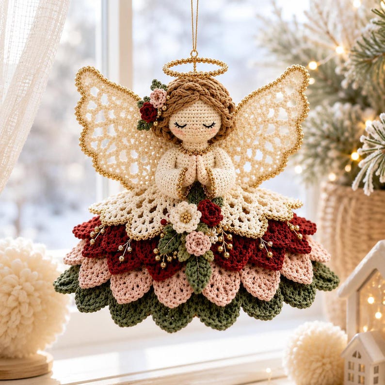 May include: A crocheted angel ornament featuring a cream-coloured bodice, a layered skirt in shades of dark red, light pink, and sage green, and intricate lace wings. The figure has brown braided hair, a gold halo, and floral accents.