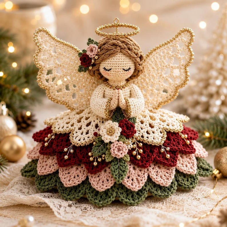 Close-up of a handmade amigurumi crochet angel with brown braided hair, lace wings, and a layered dress in cream, red, pink, and green.