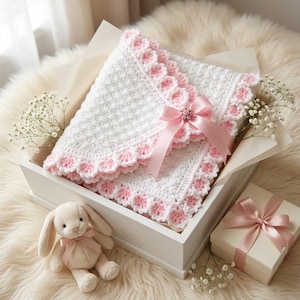 Op de afbeelding: Een witte gehaakte deken met een roze geschulpte rand, versierd met een roze satijnen strik en een kleine bloemversiering. De deken is gevouwen in een witte doos naast een klein pluche konijn en een apart cadeau-doosje.