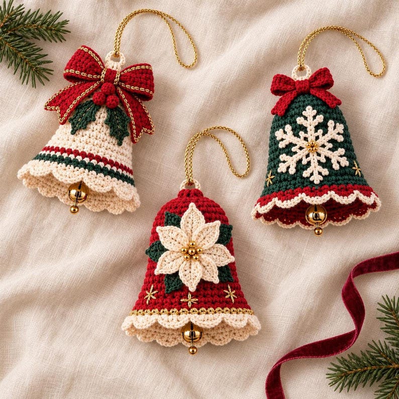 Macro view showing detailed crochet stitches, scalloped borders, decorative appliques and gold accents on Christmas bells.