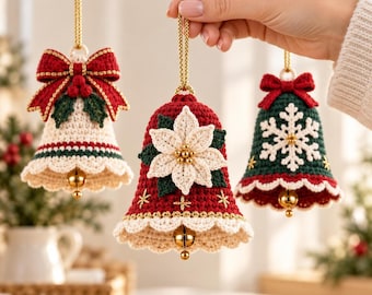 Crochet Bell Pattern PDF, Three Christmas Ornament Designs with Bow, Poinsettia and Snowflake
