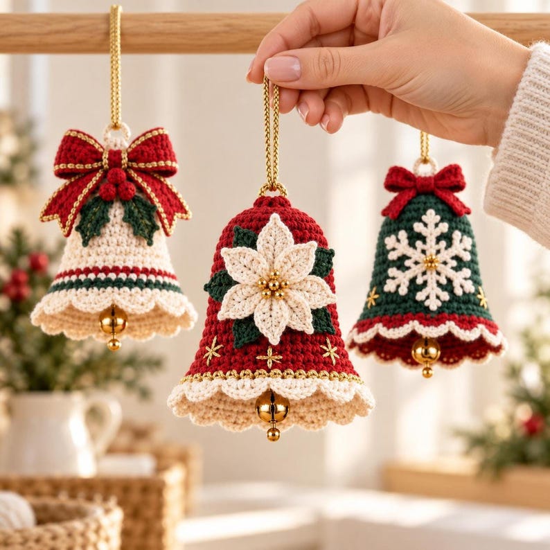 Digital crochet pattern PDF displayed with three Christmas bell designs featuring bow, poinsettia and snowflake decorations.